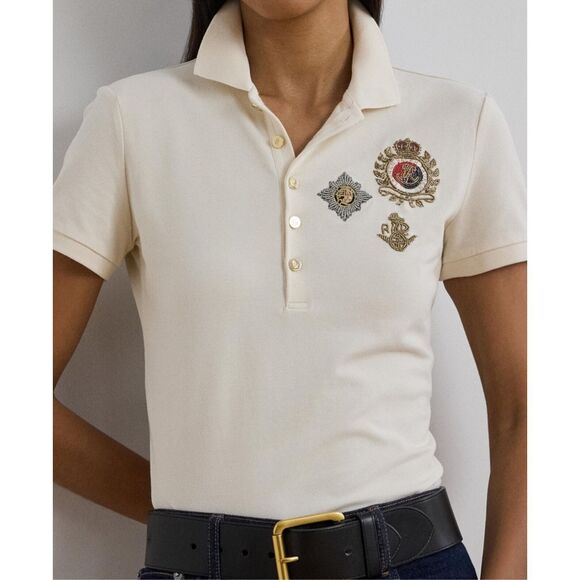 Lauren Ralph Lauren Women's Cream Crest-Patch Pique Polo Shirt XL NWOT - Picture 1 of 15